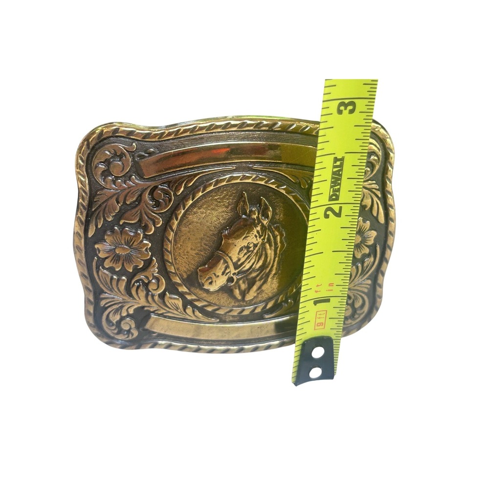 Vintage Horse Head Belt Buckle Brass Tone Western Floral Engravable Made in‎ USA - Picture 3 of 6